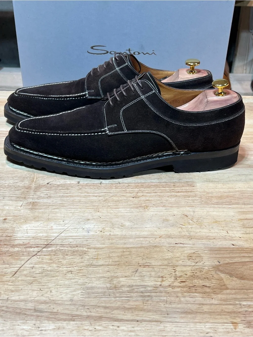 Santoni Dark Brown Suede Split Toe Derby Shoes Mens Sz 12D Vibram Soles 🇮🇹